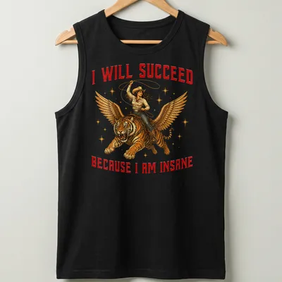 Vintage illustration of a cowgirl riding a winged tiger with bold text — printed on a tank top