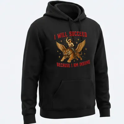 Vintage illustration of a cowgirl riding a winged tiger with bold text — printed on a unisex hoodie