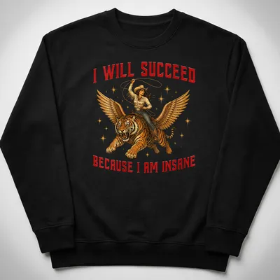 Vintage illustration of a cowgirl riding a winged tiger with bold text — printed on a unisex sweatshirt