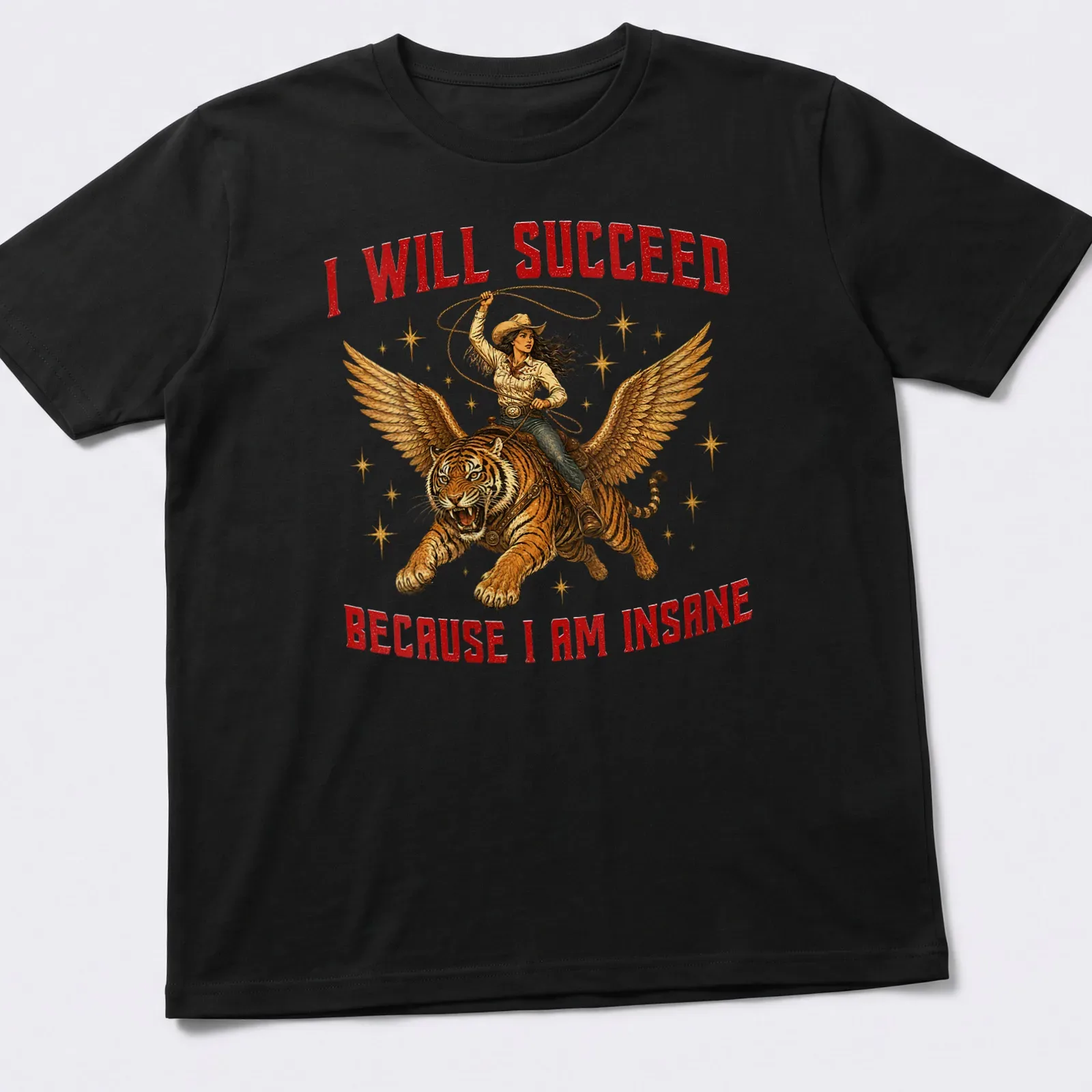 Vintage illustration of a cowgirl riding a winged tiger with bold text — printed on a unisex t-shirt