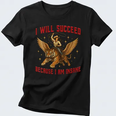Vintage illustration of a cowgirl riding a winged tiger with bold text — printed on a women's shirt