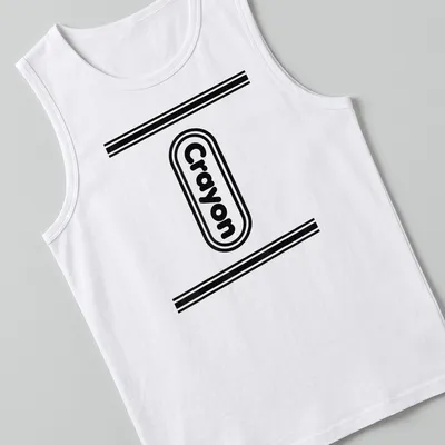 Black and white crayon box illustration with the word Crayon in playful font — printed on a tank top