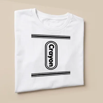 Black and white crayon box illustration with the word Crayon in playful font — printed on a unisex t-shirt (angled view)