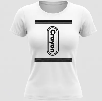 Black and white crayon box illustration with the word Crayon in playful font — printed on a women's shirt