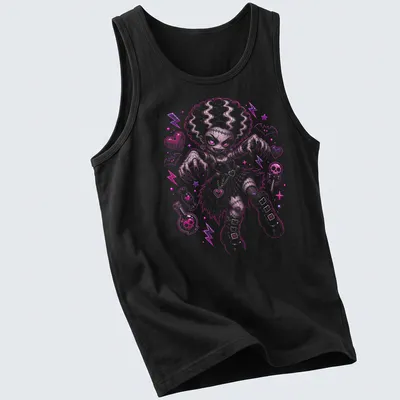 Kawaii style Creepy Cute Anime Goth Girl in pink, purple, and black — printed on a tank top
