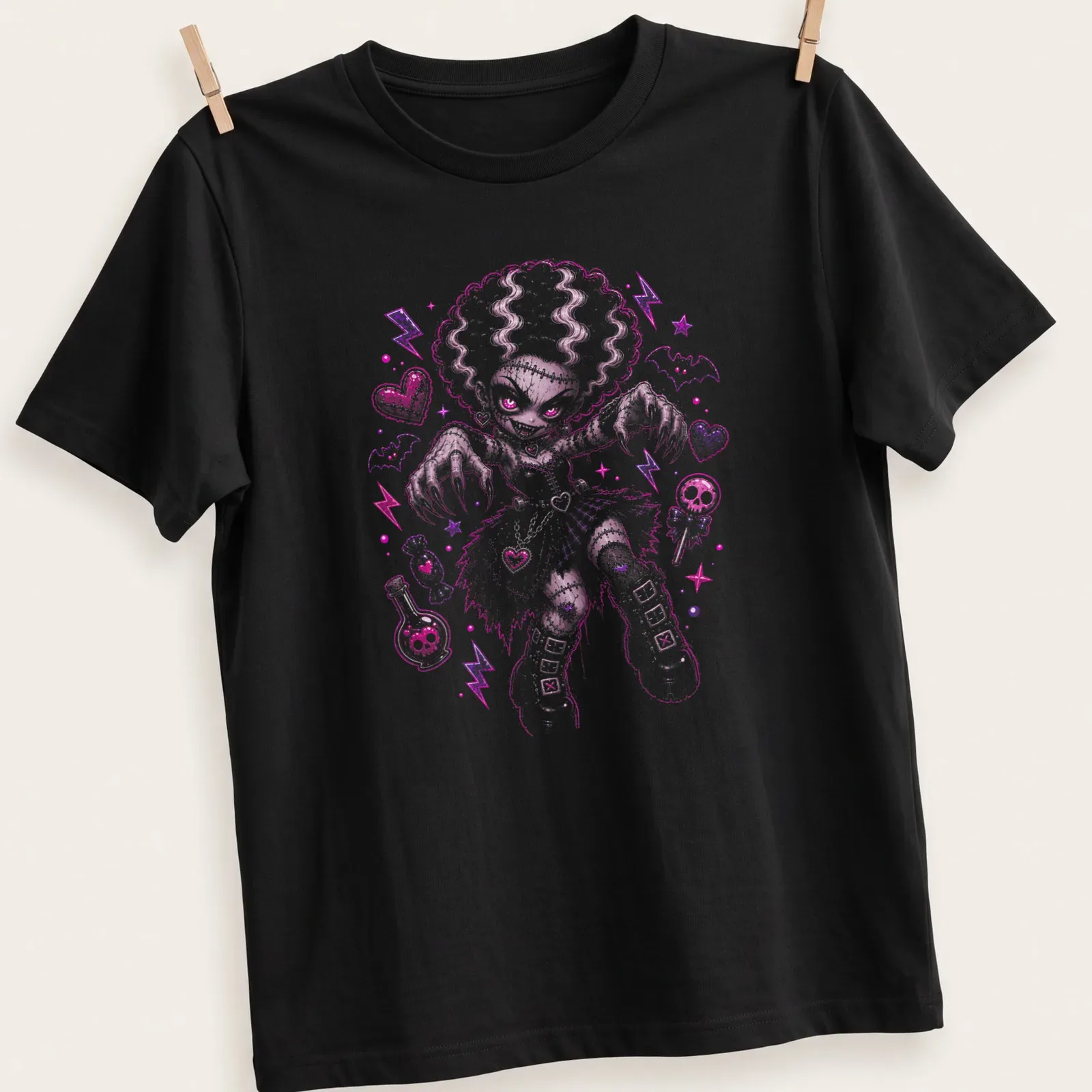 Kawaii style Creepy Cute Anime Goth Girl in pink, purple, and black — printed on a unisex t-shirt
