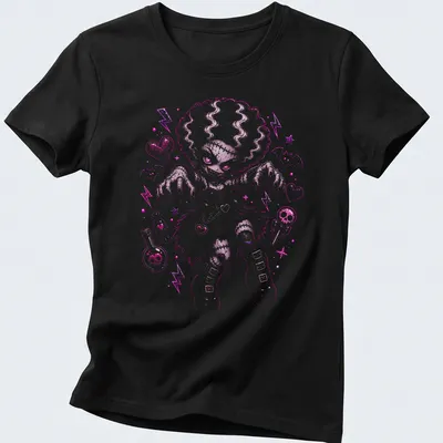 Kawaii style Creepy Cute Anime Goth Girl in pink, purple, and black — printed on a women's shirt