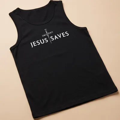 Minimalist graphic of a cross with the text Jesus Saves in bold letters — printed on a tank top