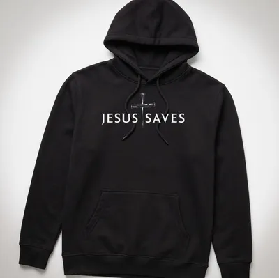 Minimalist graphic of a cross with the text Jesus Saves in bold letters — printed on a unisex hoodie