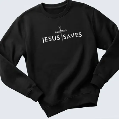 Minimalist graphic of a cross with the text Jesus Saves in bold letters — printed on a unisex sweatshirt