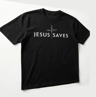 Minimalist graphic of a cross with the text Jesus Saves in bold letters — printed on a unisex t-shirt (angled view)
