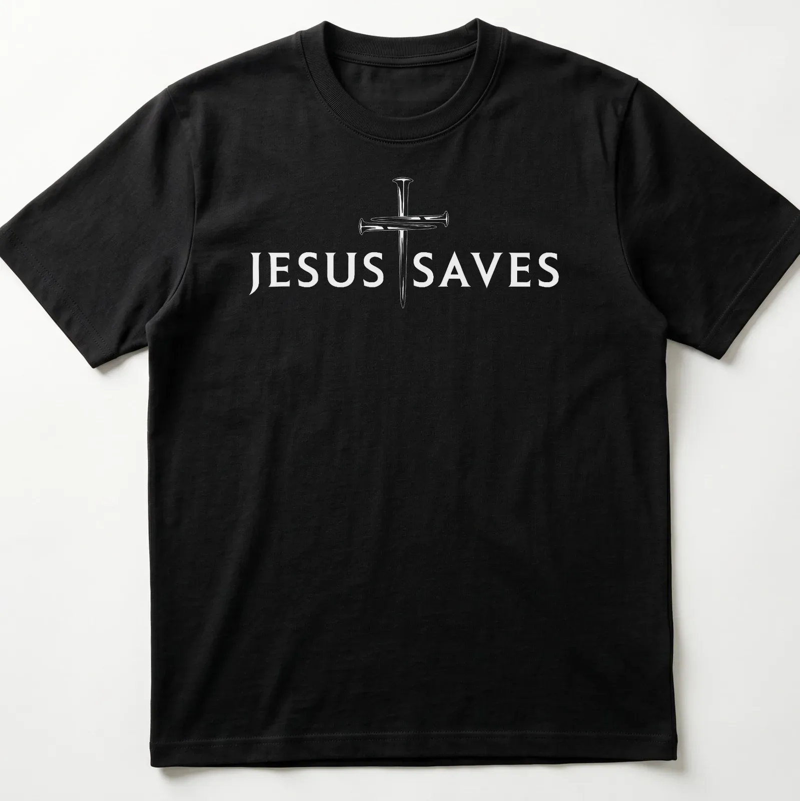 Minimalist graphic of a cross with the text Jesus Saves in bold letters — printed on a unisex t-shirt