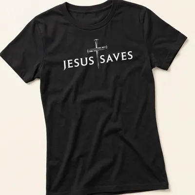 Minimalist graphic of a cross with the text Jesus Saves in bold letters — printed on a women's shirt