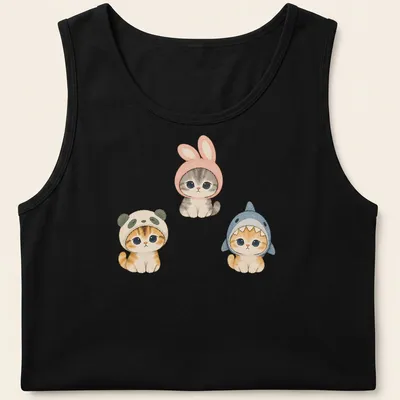 Watercolor print of cute kittens dressed as a panda, bunny, and shark — printed on a tank top