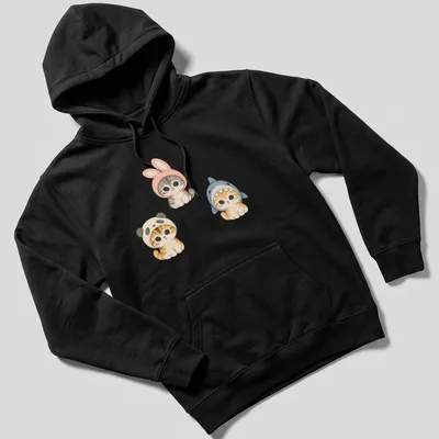 Watercolor print of cute kittens dressed as a panda, bunny, and shark — printed on a unisex hoodie
