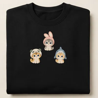 Watercolor print of cute kittens dressed as a panda, bunny, and shark — printed on a unisex sweatshirt