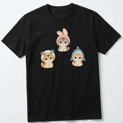 Watercolor print of cute kittens dressed as a panda, bunny, and shark