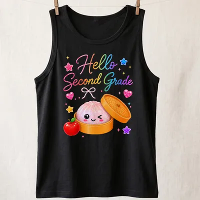 Kawaii dumpling character with colorful text saying 'Hello Second Grade' — printed on a tank top