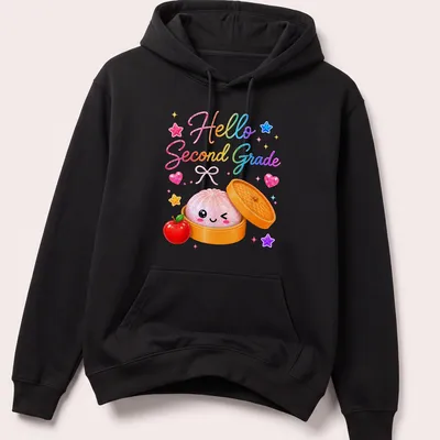 Kawaii dumpling character with colorful text saying 'Hello Second Grade' — printed on a unisex hoodie