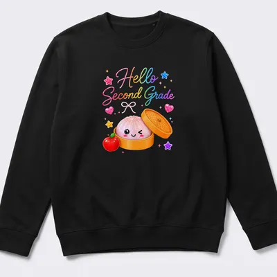 Kawaii dumpling character with colorful text saying 'Hello Second Grade' — printed on a unisex sweatshirt