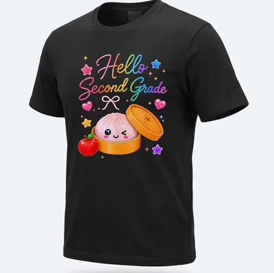 Kawaii dumpling character with colorful text saying 'Hello Second Grade'
