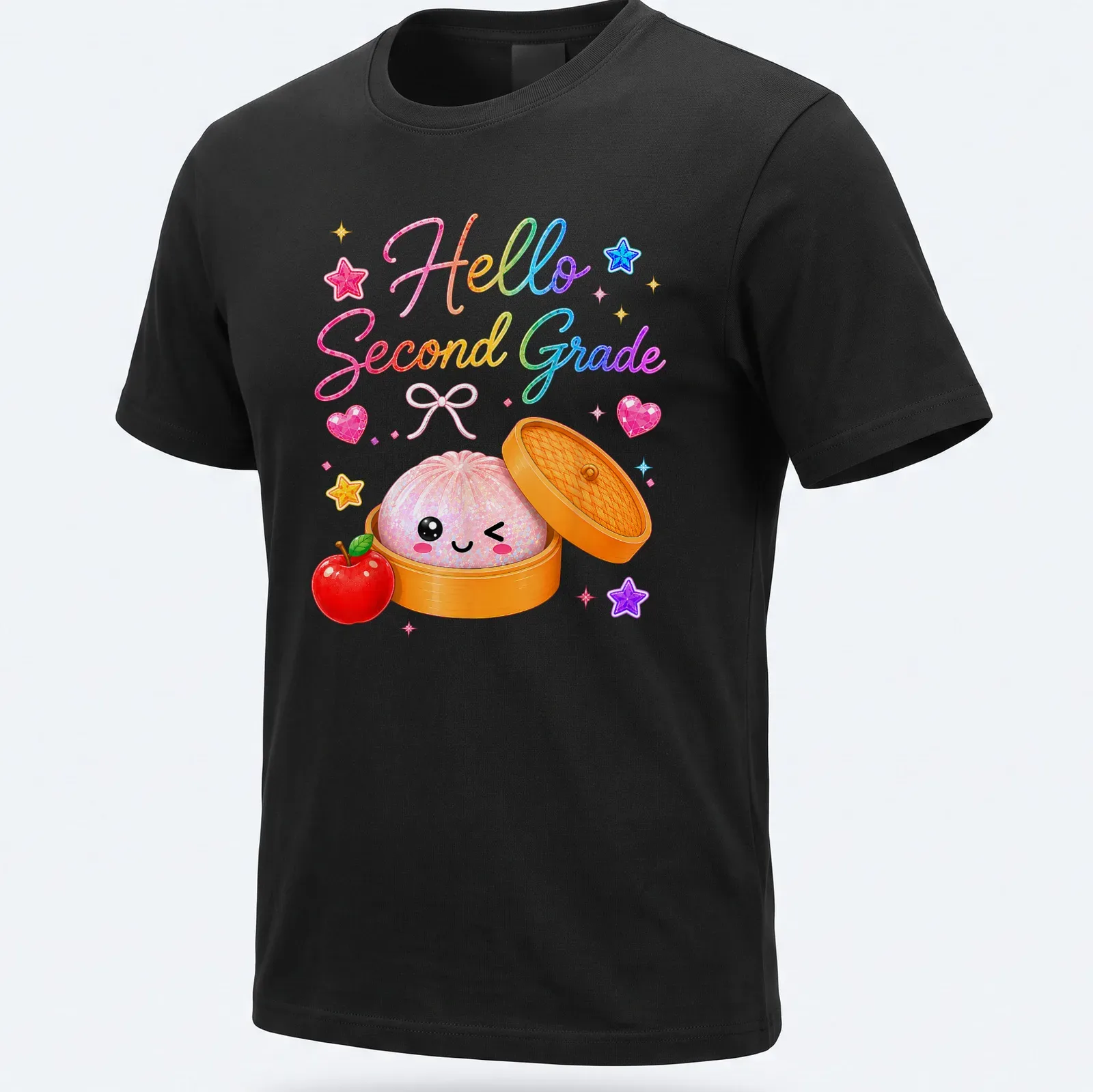 Kawaii dumpling character with colorful text saying 'Hello Second Grade' — printed on a unisex t-shirt