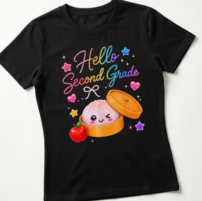 Kawaii dumpling character with colorful text saying 'Hello Second Grade' — printed on a women's shirt