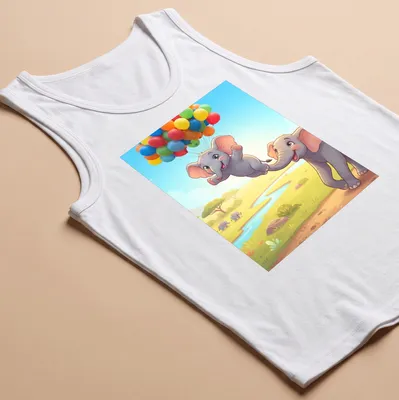 Kawaii illustration of cute elephants flying with colorful balloons in a savanna setting — printed on a tank top