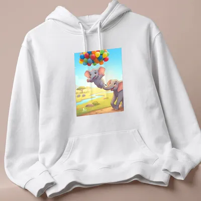 Kawaii illustration of cute elephants flying with colorful balloons in a savanna setting — printed on a unisex hoodie
