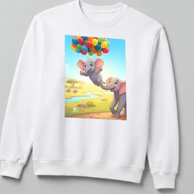 Kawaii illustration of cute elephants flying with colorful balloons in a savanna setting — printed on a unisex sweatshirt