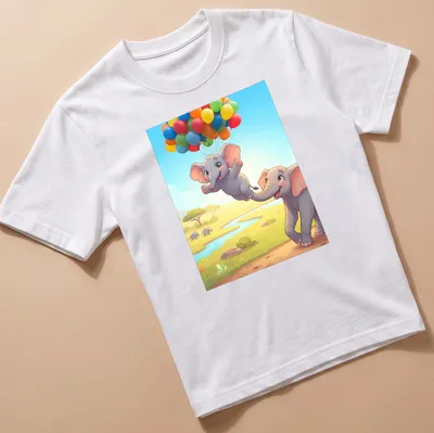 Kawaii illustration of cute elephants flying with colorful balloons in a savanna setting