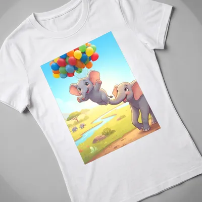 Kawaii illustration of cute elephants flying with colorful balloons in a savanna setting — printed on a women's shirt