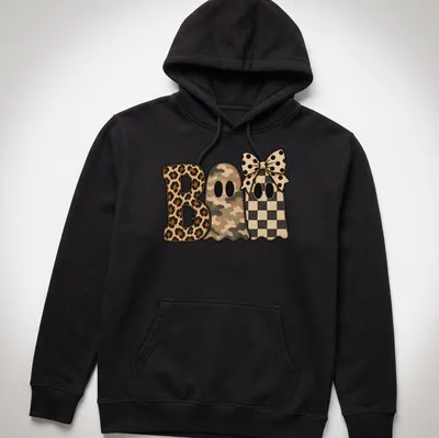 Whimsical patchwork shirt featuring cute ghosts and 'Boo' text in various patterns — printed on a unisex hoodie