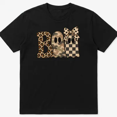 Whimsical patchwork shirt featuring cute ghosts and 'Boo' text in various patterns