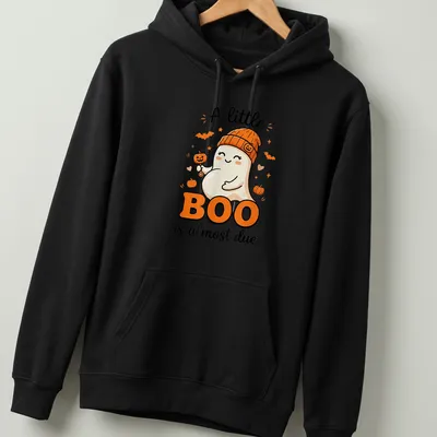 Kawaii style t-shirt featuring a cute ghost with Halloween text. — printed on a unisex hoodie