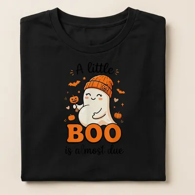 Kawaii style t-shirt featuring a cute ghost with Halloween text. — printed on a women's shirt