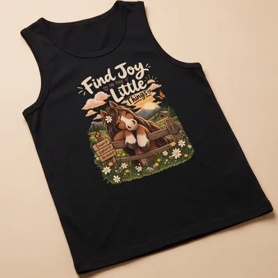 Whimsical horse illustration with uplifting text in warm colors — printed on a tank top