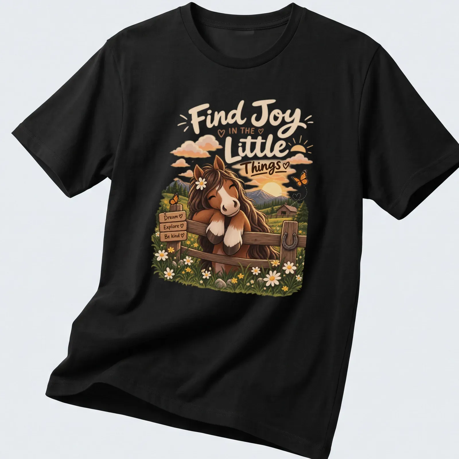 Whimsical horse illustration with uplifting text in warm colors — printed on a unisex t-shirt