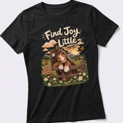 Whimsical horse illustration with uplifting text in warm colors — printed on a women's shirt