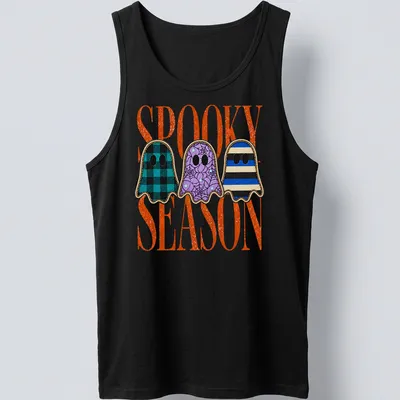 Vintage style t-shirt with cute patterned ghosts and 'Spooky Season' text — printed on a tank top