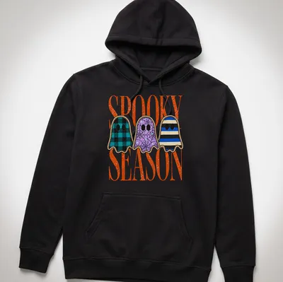 Vintage style t-shirt with cute patterned ghosts and 'Spooky Season' text — printed on a unisex hoodie