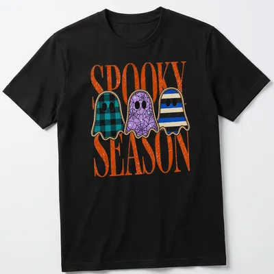 Vintage style t-shirt with cute patterned ghosts and 'Spooky Season' text