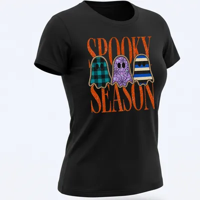 Vintage style t-shirt with cute patterned ghosts and 'Spooky Season' text — printed on a women's shirt