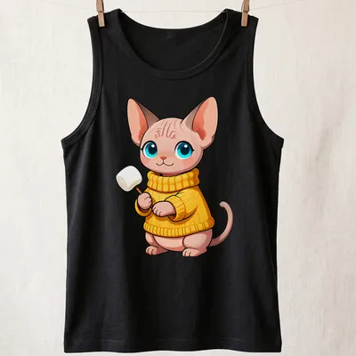 Kawaii design of a Sphynx kitten in a chunky knit sweater in pastel colors — printed on a tank top