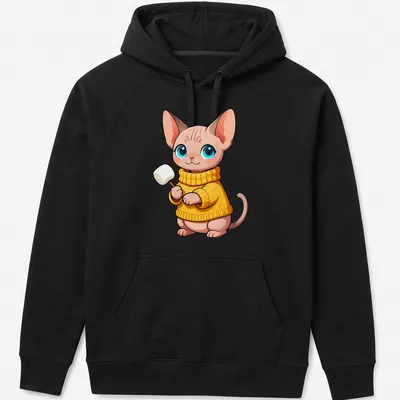 Kawaii design of a Sphynx kitten in a chunky knit sweater in pastel colors — printed on a unisex hoodie