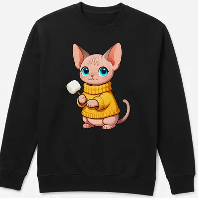 Kawaii design of a Sphynx kitten in a chunky knit sweater in pastel colors — printed on a unisex sweatshirt