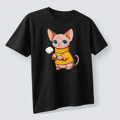 Kawaii design of a Sphynx kitten in a chunky knit sweater in pastel colors — printed on a unisex t-shirt (angled view)