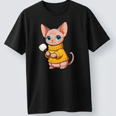 Kawaii design of a Sphynx kitten in a chunky knit sweater in pastel colors