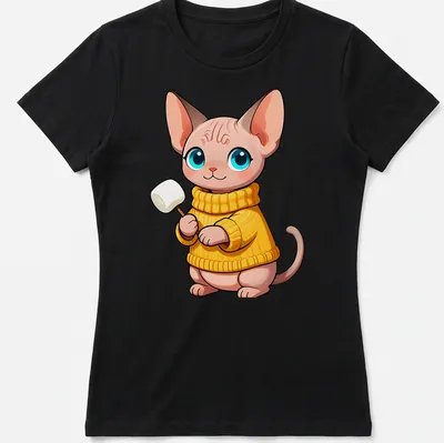 Kawaii design of a Sphynx kitten in a chunky knit sweater in pastel colors — printed on a women's shirt