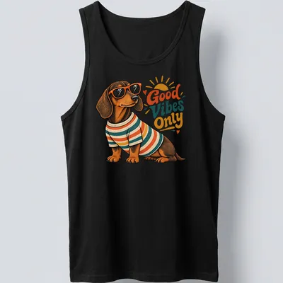 Vintage illustration of a Dachshund with the text 'Good Vibes Only' in warm colors — printed on a tank top